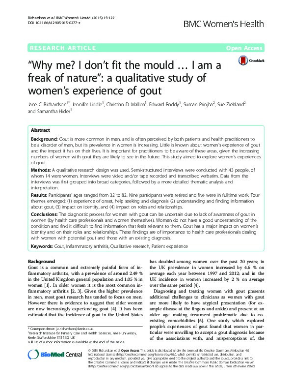 "Why me? I don't fit the mould...I am a freak of nature": a qualitative study of women's experience of gout Thumbnail