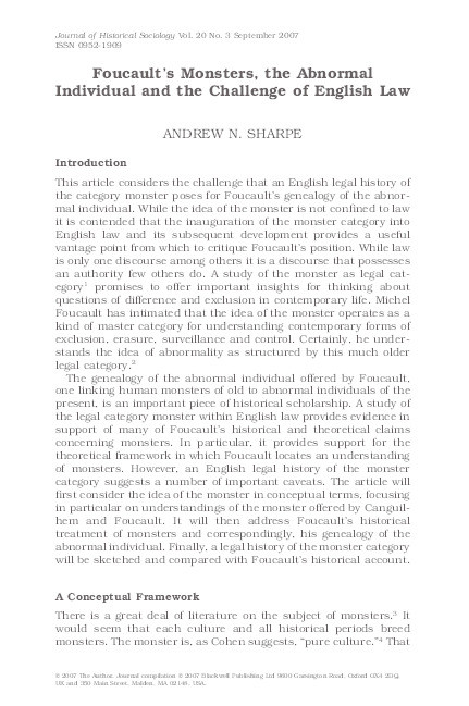 Foucault's Monsters, the Abnormal Individual and the Challenge of English Law Thumbnail