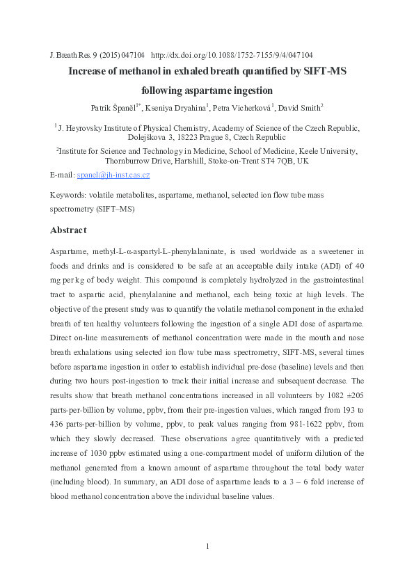 Increase of methanol in exhaled breath quantified by SIFT-MS following aspartame ingestion Thumbnail