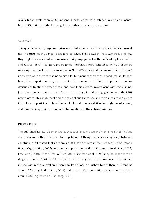 A qualitative exploration of UK prisoners’ experiences of substance misuse and mental health difficulties, and the Breaking Free Health and Justice interventions Thumbnail