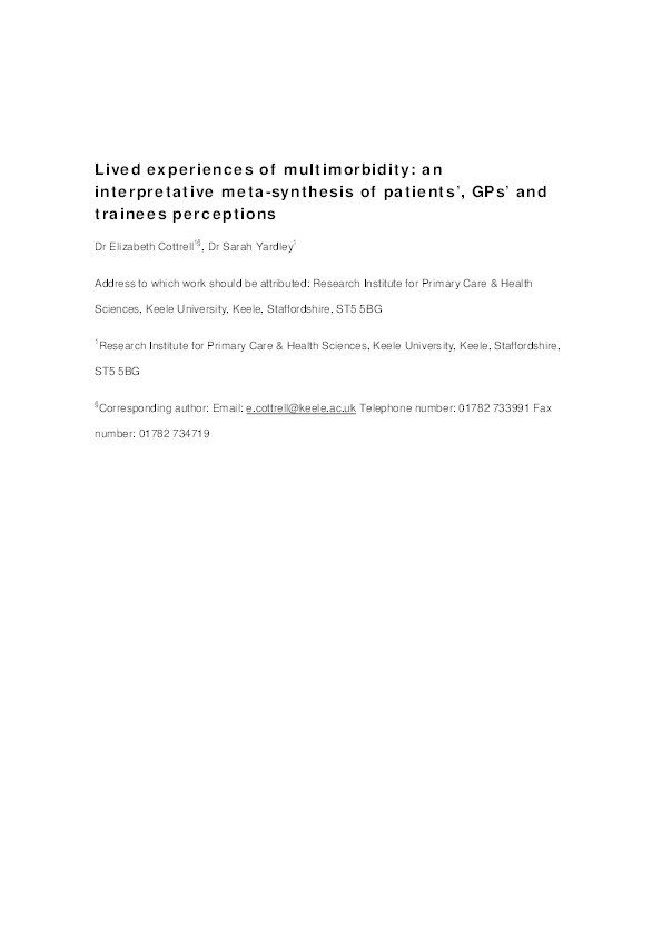 Lived experiences of multimorbidity: an interpretative meta-synthesis of patients', general practitioners' and trainees' perceptions Thumbnail