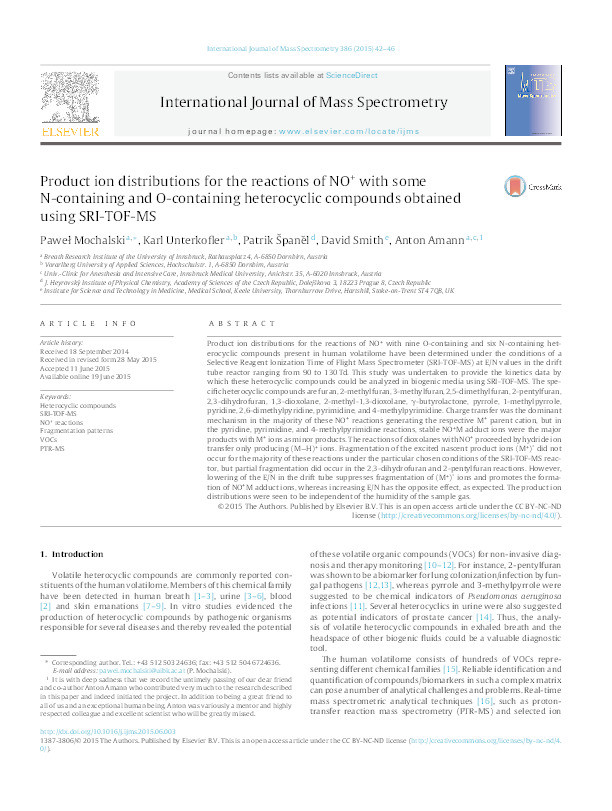 Product ion distributions for the reactions of NO+ with some N-containing and O-containing heterocyclic compounds obtained using SRI-TOF-MS Thumbnail