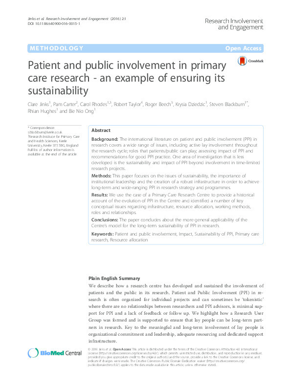 Patient and public involvement in primary care research - an example of ensuring its sustainability Thumbnail