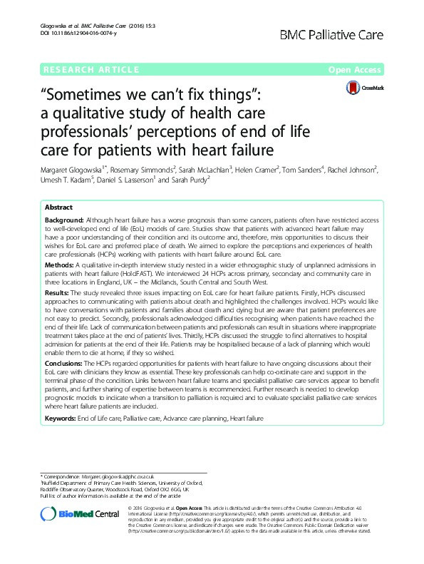 "Sometimes we can't fix things": a qualitative study of health care professionals' perceptions of end of life care for patients with heart failure Thumbnail