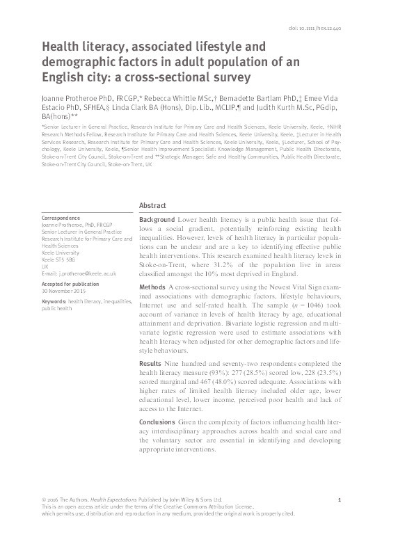 Health literacy, associated lifestyle and demographic factors in adult population of an English city: a cross-sectional survey Thumbnail