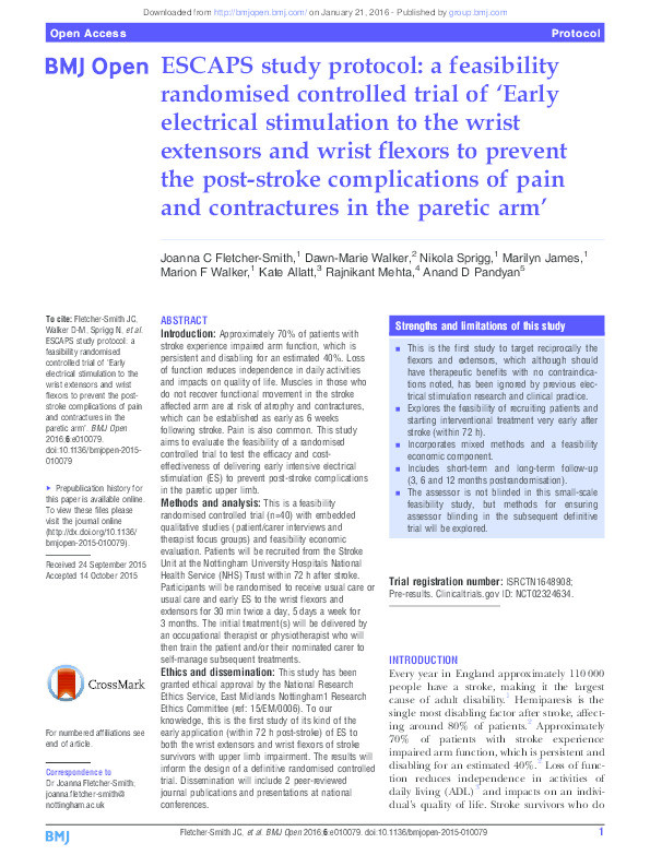 ESCAPS study protocol: a feasibility randomised controlled trial of 'Early electrical stimulation to the wrist extensors and wrist flexors to prevent the post-stroke complications of pain and contractures in the paretic arm'. Thumbnail
