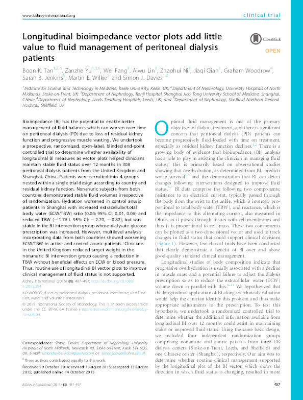 Longitudinal bioimpedance vector plots add little value to fluid management of peritoneal dialysis patients Thumbnail