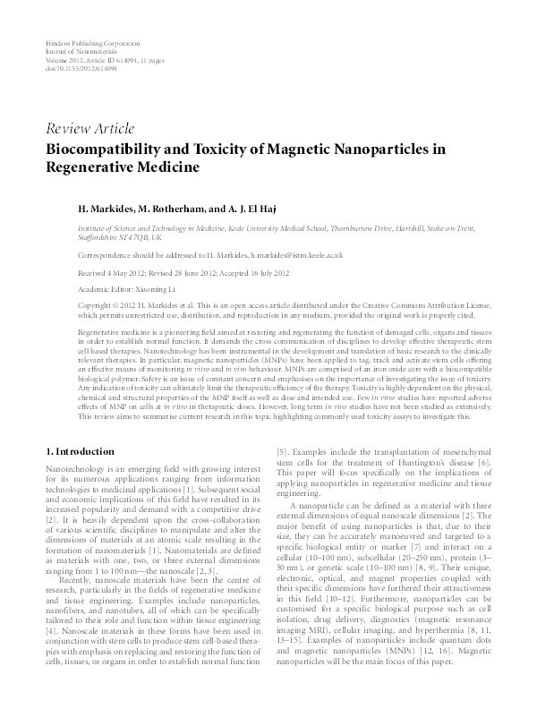 Biocompatibility and Toxicity of Magnetic Nanoparticles in Regenerative Medicine Thumbnail