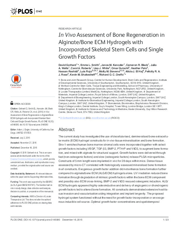 In Vivo Assessment of Bone Regeneration in Alginate/Bone ECM Hydrogels with Incorporated Skeletal Stem Cells and Single Growth Factors. Thumbnail