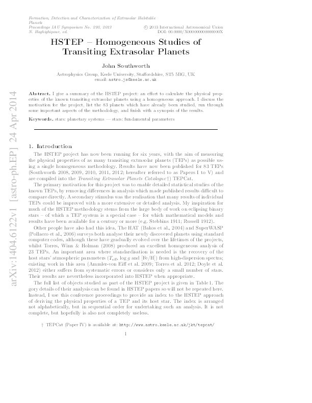 HSTEP -- Homogeneous Studies of Transiting Extrasolar Planets Thumbnail