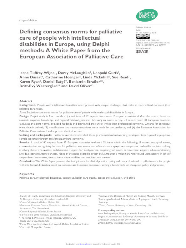 Defining consensus norms for palliative care of people with intellectual disabilities in Europe, using Delphi methods: A White Paper from the European Association of Palliative Care. Thumbnail