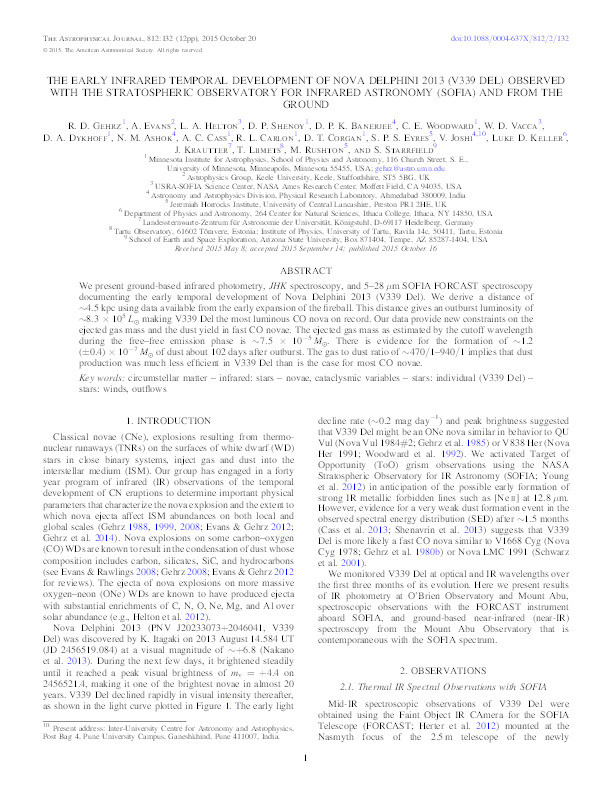 The Early Infrared Temporal Development Of Nova Delphini 2013 (v339 Del) Observed With The Stratospheric Observatory For Infrared Astronomy (sofia) And From The Ground Thumbnail