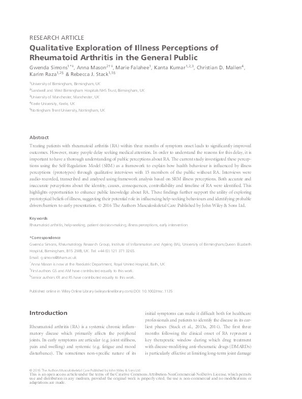 Qualitative exploration of illness perceptions of Rheumatoid Arthritis in the General Public Thumbnail