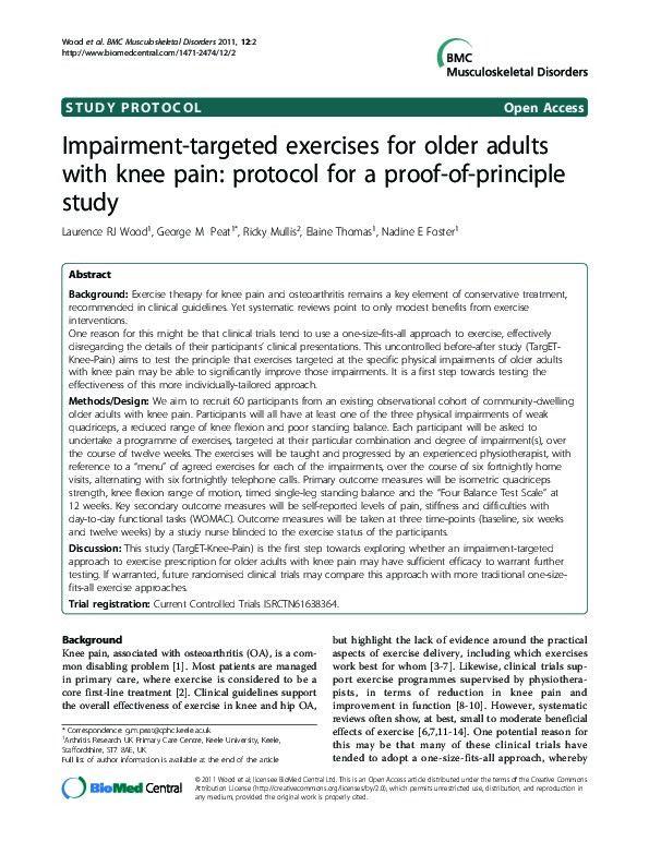 Impairment-targeted exercises for older adults with knee pain: protocol for a proof-of-principle study. Thumbnail