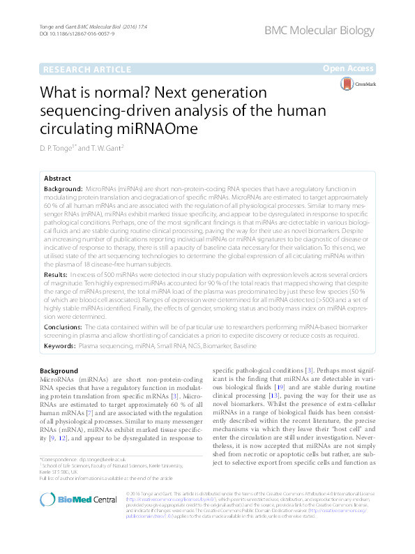 What is normal? Next generation sequencing-driven analysis of the human circulating miRNAOme Thumbnail