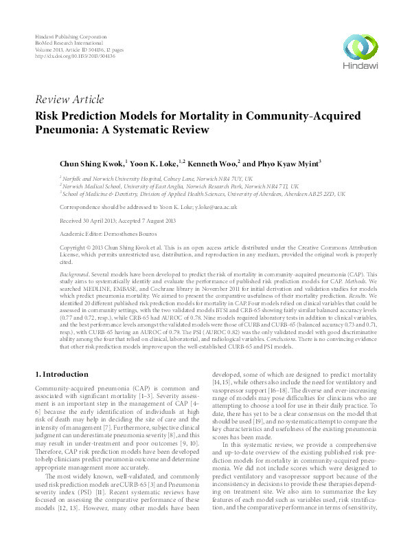Risk prediction models for mortality in community-acquired pneumonia: a systematic review Thumbnail