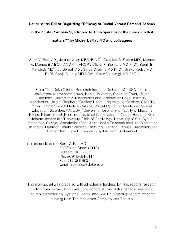 Letter to the Editor Regarding “Efficacy of Radial Versus Femoral Access in the Acute Coronary Syndrome: Is it the operator or the operation that matters?” by Michel LeMay MD and colleagues Thumbnail