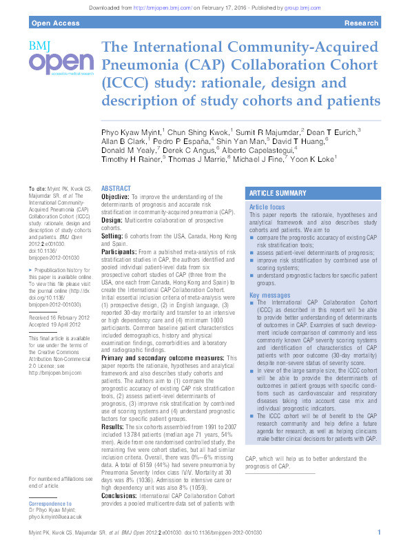 The International Community Acquired Pneumonia (CAP) collaboration Cohort (ICCC) study: rationale, design and description of study cohorts and patients Thumbnail