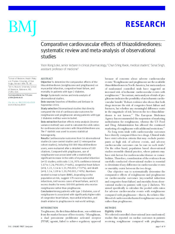 Comparative cardiovascular effects of the thiazolidinediones: Systematic review and meta-analysis of Observational Studies Thumbnail