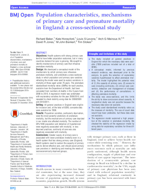 Population characteristics, mechanisms of primary care and premature mortality in England: a cross-sectional study. Thumbnail