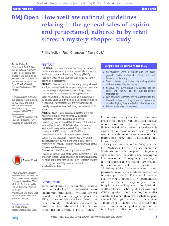How well are national guidelines relating to the general sales of aspirin and paracetamol, adhered to by retail stores: a mystery shopper study. Thumbnail