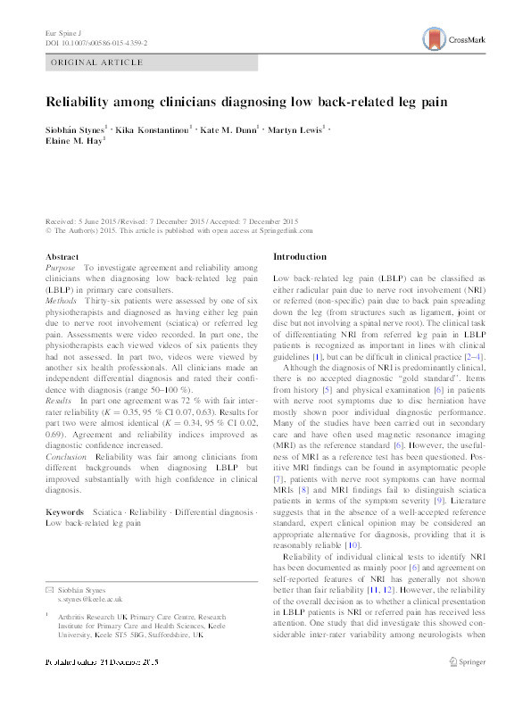 Reliability among clinicians diagnosing low back-related leg pain. Thumbnail