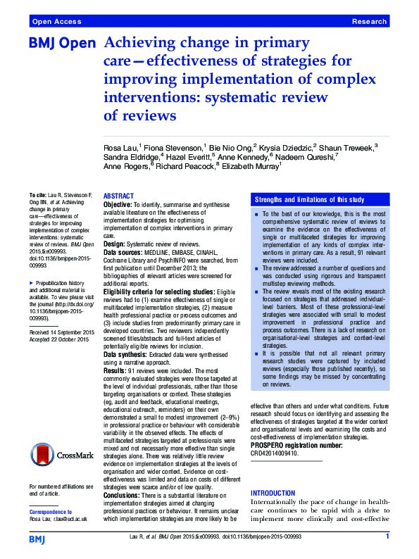 Achieving change in primary care-effectiveness of strategies for improving implementation of complex interventions: systematic review of reviews. Thumbnail
