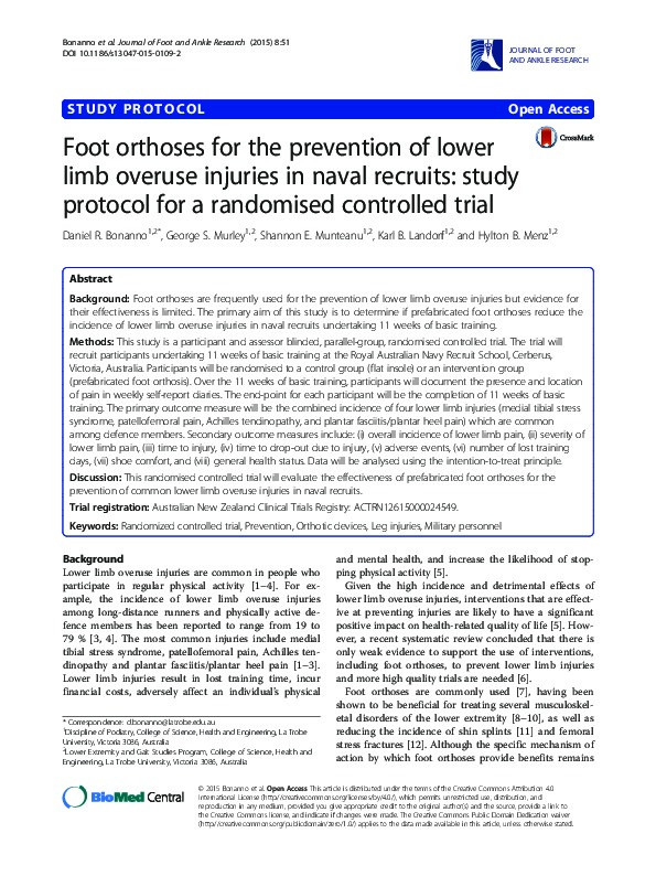 Foot orthoses for the prevention of lower limb overuse injuries in naval recruits: study protocol for a randomised controlled trial. Thumbnail