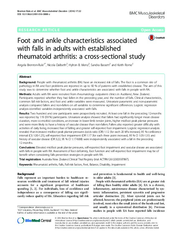 Foot and ankle characteristics associated with falls in adults with established rheumatoid arthritis: a cross-sectional study. Thumbnail