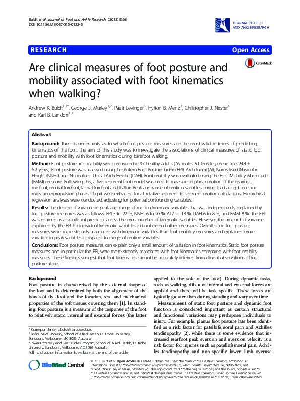 Are clinical measures of foot posture and mobility associated with foot kinematics when walking? Thumbnail