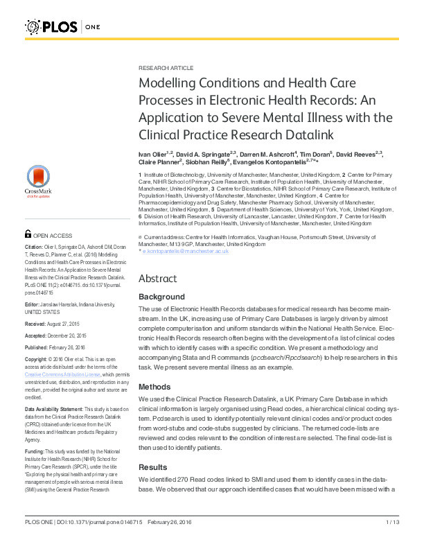 Modelling conditions and health care processes in electronic health records: an application to severe mental illness with the clinical practice research datalink Thumbnail