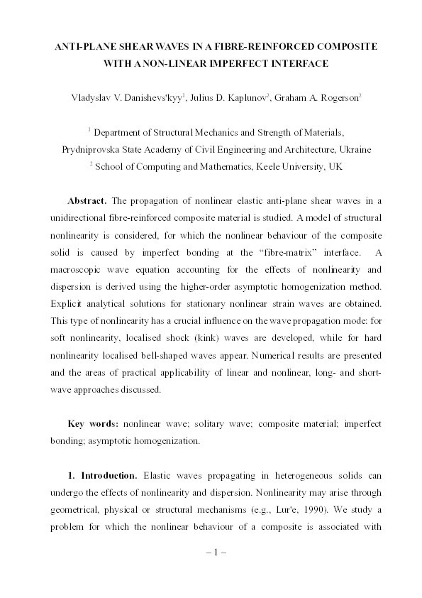 Anti-plane shear waves in a fibre-reinforced composite with a non-linear imperfect interface Thumbnail