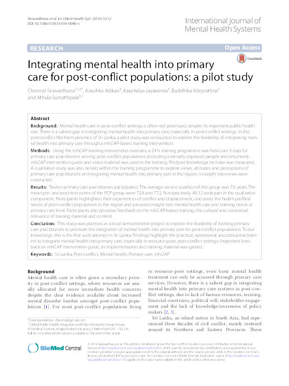 Integrating mental health into primary care for post-conflict populations: a pilot study Thumbnail