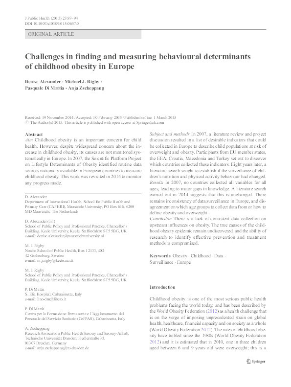 Challenges in finding and measuring behavioural determinants of childhood obesity in Europe. Thumbnail