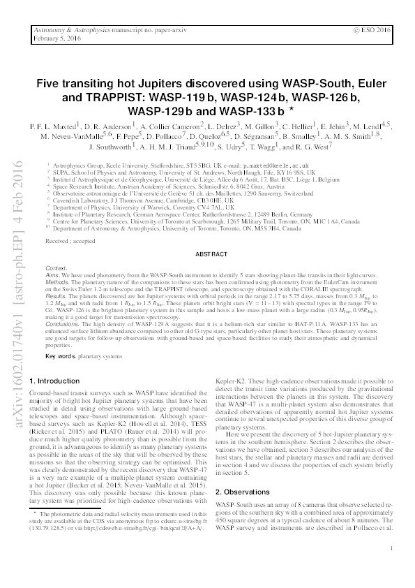 Five transiting hot Jupiters discovered using WASP-South, Euler and TRAPPIST: WASP-119 b, WASP-124 b, WASP-126 b, WASP-129 b and WASP-133 b Thumbnail