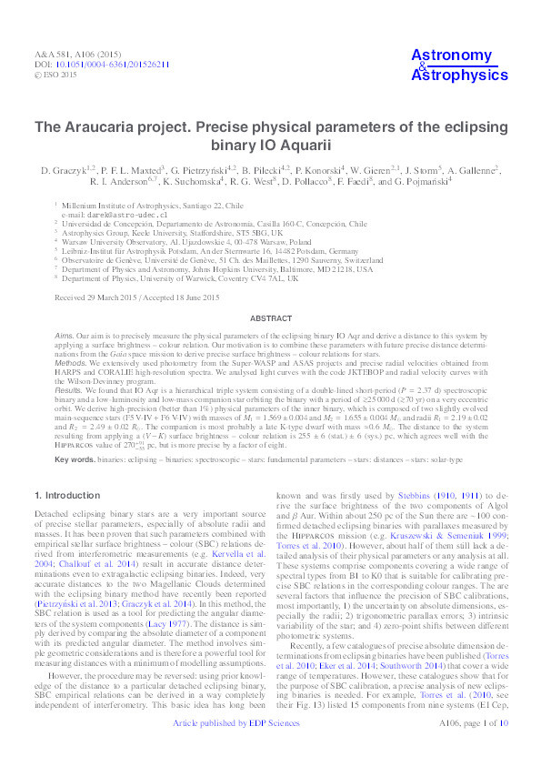 The Araucaria project. Precise physical parameters of the eclipsing binary IO Aquarii Thumbnail