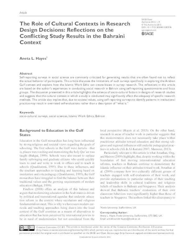 The Role of Cultural Contexts in Research Design Decisions: Reflections on the Conflicting Study Results in the Bahraini Context Thumbnail