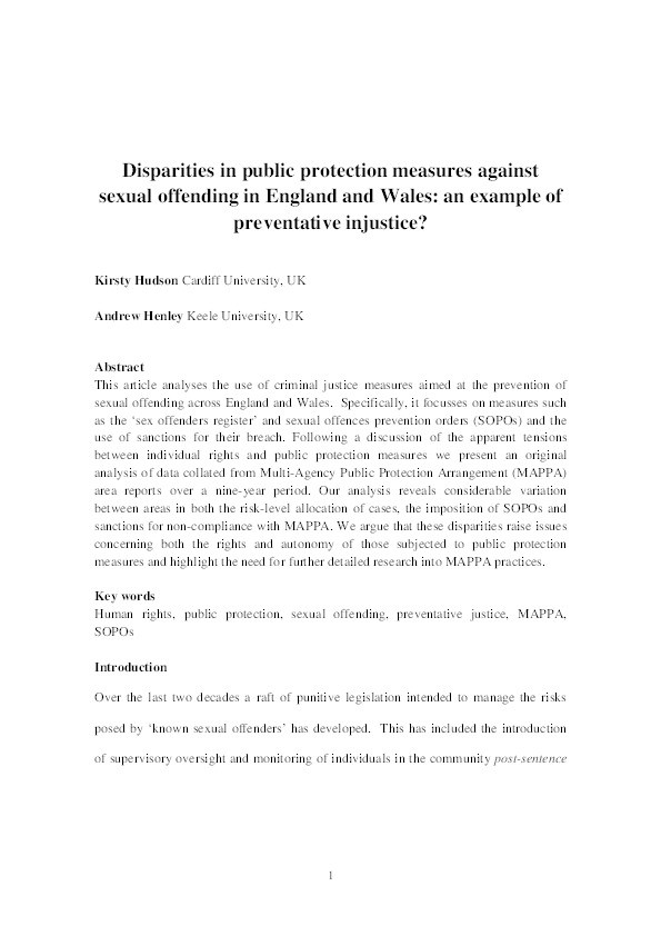Disparities in public protection measures against sexual offending in England and Wales: an example of preventative injustice? Thumbnail