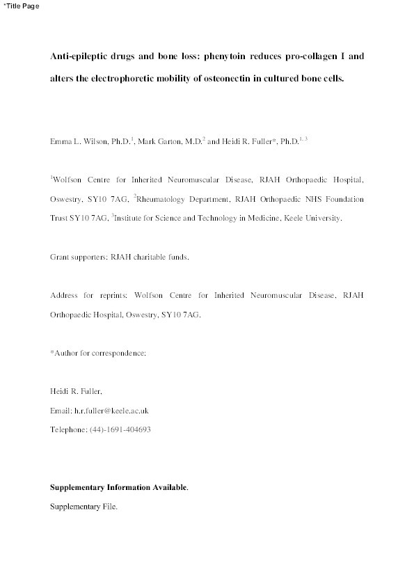 Anti-epileptic drugs and bone loss: phenytoin reduces pro-collagen I and alters the electrophoretic mobility of osteonectin in cultured bone cells Thumbnail