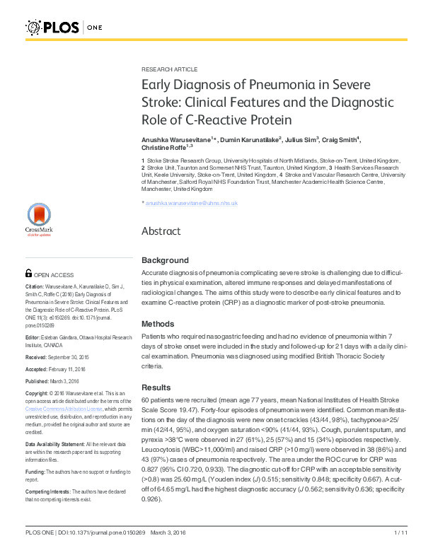 Early Diagnosis of Pneumonia in Severe Stroke: Clinical Features and the Diagnostic Role of C-Reactive Protein Thumbnail