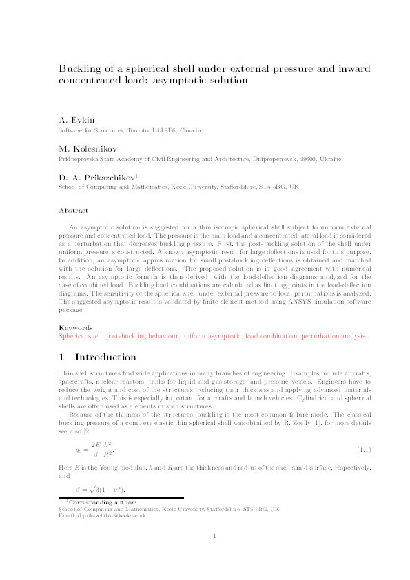 Buckling of a spherical shell under external pressure and inward concentrated load: asymptotic solution Thumbnail