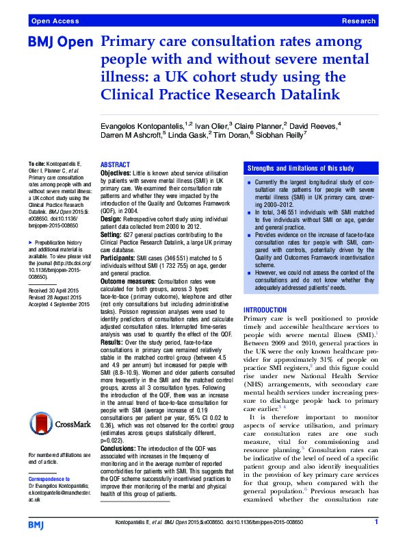 Primary care consultation rates among people with and without severe mental illness: a UK cohort study using the Clinical Practice Research Datalink. Thumbnail