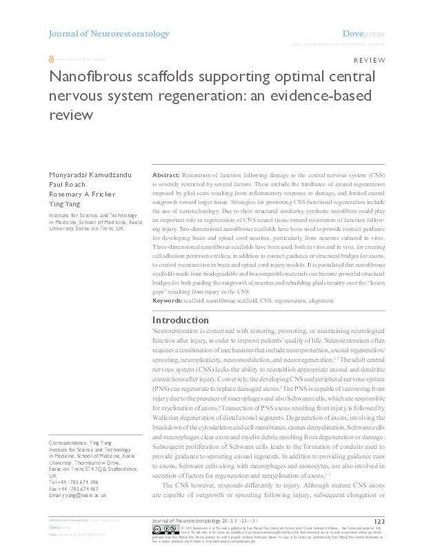 Nanofibrous scaffolds supporting optimal central nervous system regeneration: an evidence-based review Thumbnail