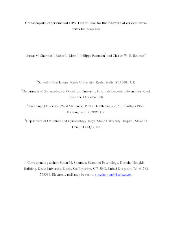 Colposcopists’ experiences of HPV Test of Cure for the follow up of cervical intra-epithelial neoplasia Thumbnail