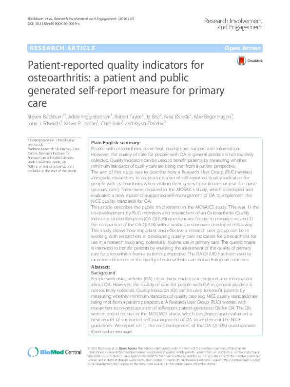 Patient-reported quality indicators for osteoarthritis: a patient and public generated self-report measure for primary care Thumbnail