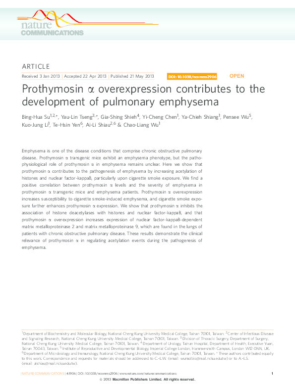 Prothymosin a overexpression contributes to the development of pulmonary emphysema Thumbnail