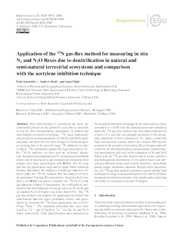 Application of the 15N gas-flux method for measuring in situ N2 and N2O fluxes due to denitrification in natural and semi-natural terrestrial ecosystems and comparison with the acetylene inhibition technique Thumbnail