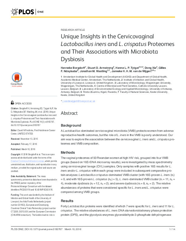 Unique Insights in the Cervicovaginal Lactobacillus iners and L. crispatus Proteomes and Their Associations with Microbiota Dysbiosis. Thumbnail