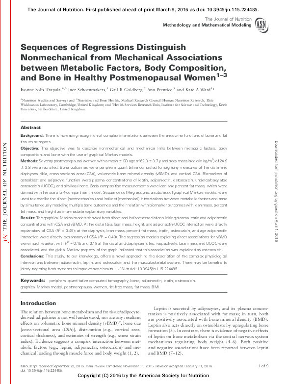 Sequences of Regressions Distinguish Nonmechanical from Mechanical Associations between Metabolic Factors, Body Composition, and Bone in Healthy Postmenopausal Women Thumbnail