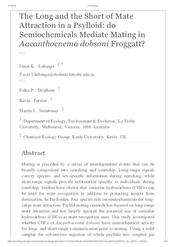 The Long and the Short of Mate Attraction in a Psylloid: do Semiochemicals Mediate Mating in Aacanthocnema dobsoni Froggatt? Thumbnail